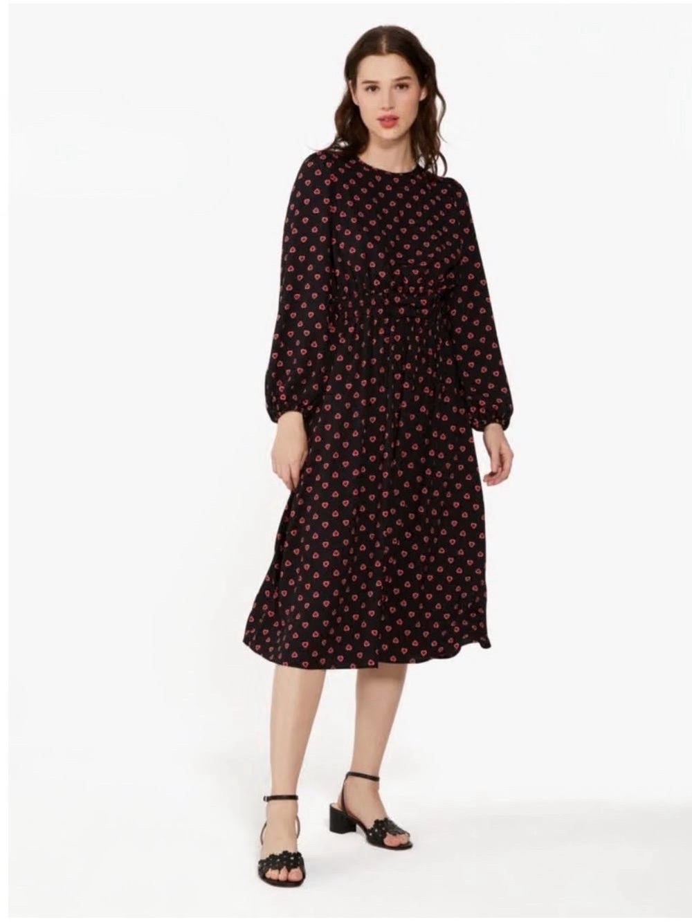 Black Midi Dress with Pink Heart Print